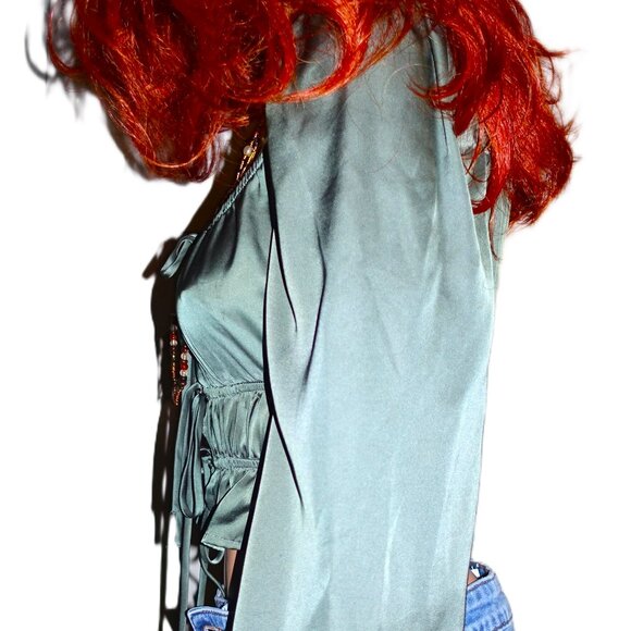 Mixed Threads Hunter Green Peasant Crop Blouse S - Picture 3 of 6